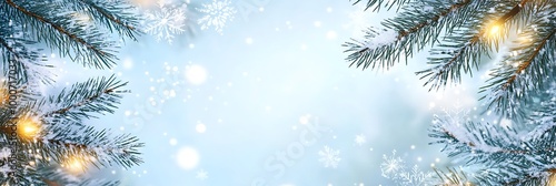 Christmas background with lights and snowflakes, white Christmas tree branches on the top edge of the picture, glowing lights, and a bokeh effect on a pastel blue sky background Generative AI