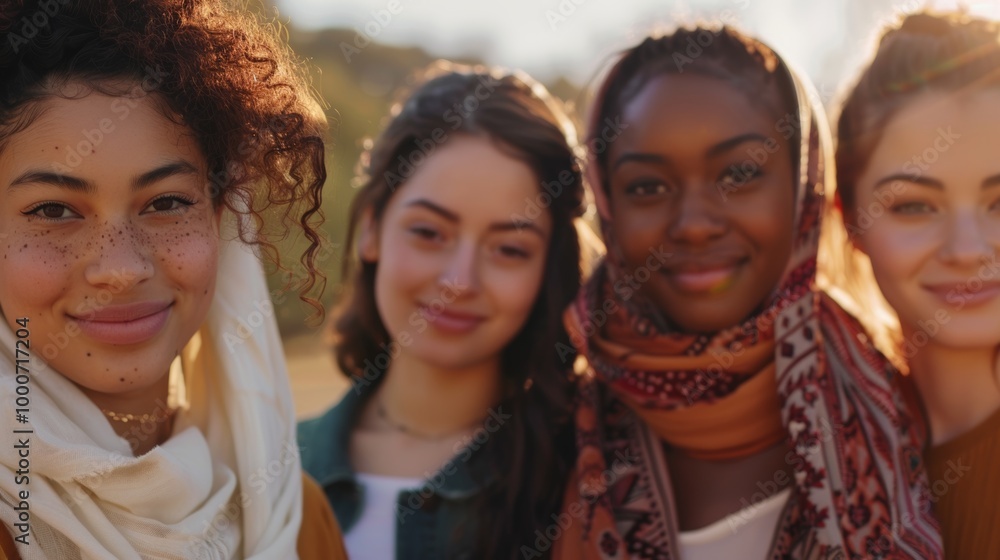 Obraz premium Young women of various ethnic backgrounds, standing closely and smiling warmly