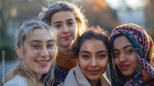 Young women of various ethnic backgrounds, standing closely and smiling warmly