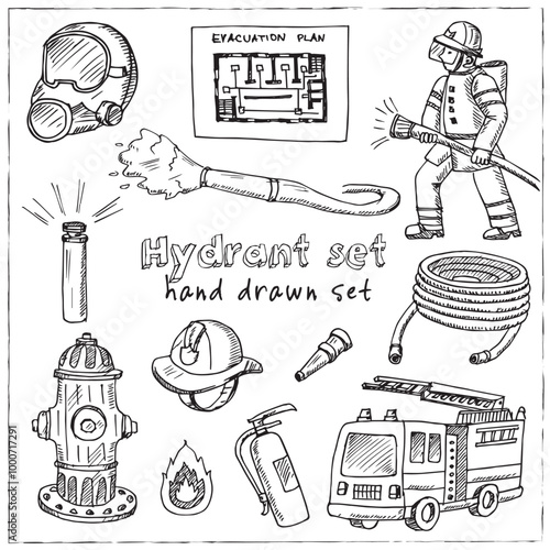 Hydrant hand drawn doodle set. Vector illustration. Isolated elements on white background. Symbol collection.