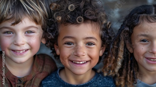 A close-up of three children with varied hair types, smiling warmly