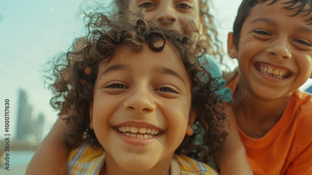 A close-up of three kids from different backgrounds, smiling warmly A close-up of three kids from different backgrounds, smiling warmly