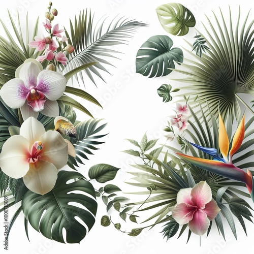 FramFrame of tropical leaves and flowers for text and designe of Tropical Leaves and Flowers