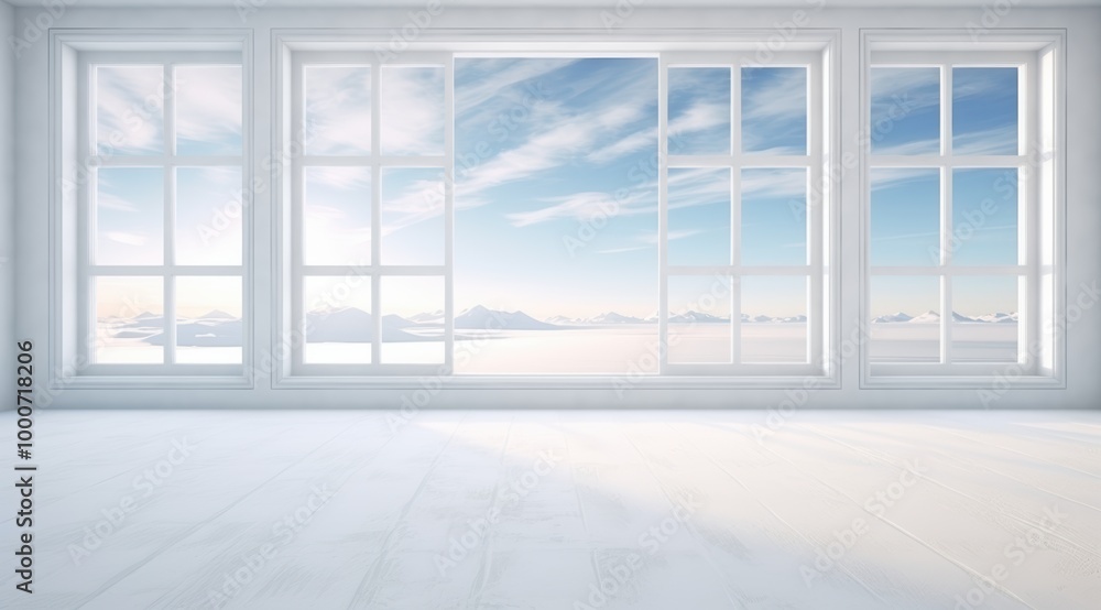 Fototapeta premium Serene winter landscape through large windows