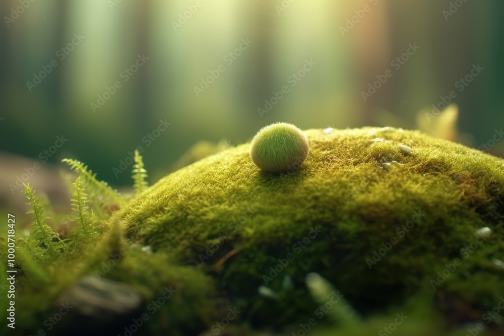 Moss-covered forest floor with a small mushroom Moss-covered forest floor with a small mushroom