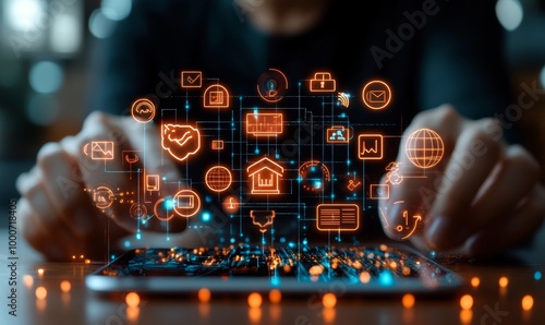 Business professional displaying icons representing key aspects of procurement process, digital transformation of supply chain management through mobile technology and data-driven, Generative AI photo