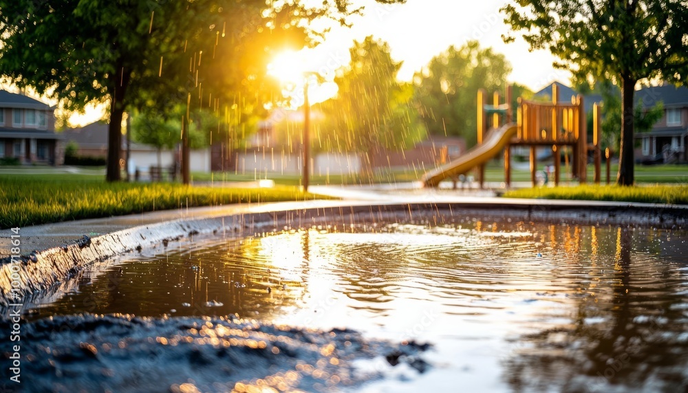 Fototapeta premium Playground with water reflection at sunset, serene outdoor setting.