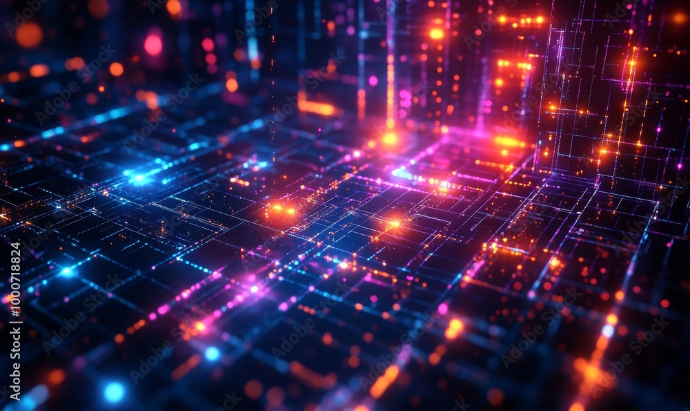 Neon Geometric Structures in Cyberspace: Colorful Abstract Illustration with Lights Against Dark Background for Futuristic Tech and Digital Art Themes, Generative AI Neon Geometric Structures in Cyberspace: Colorful Abstract Illustration with Lights Against Dark Background for Futuristic Tech and Digital Art Themes, Generative AI
