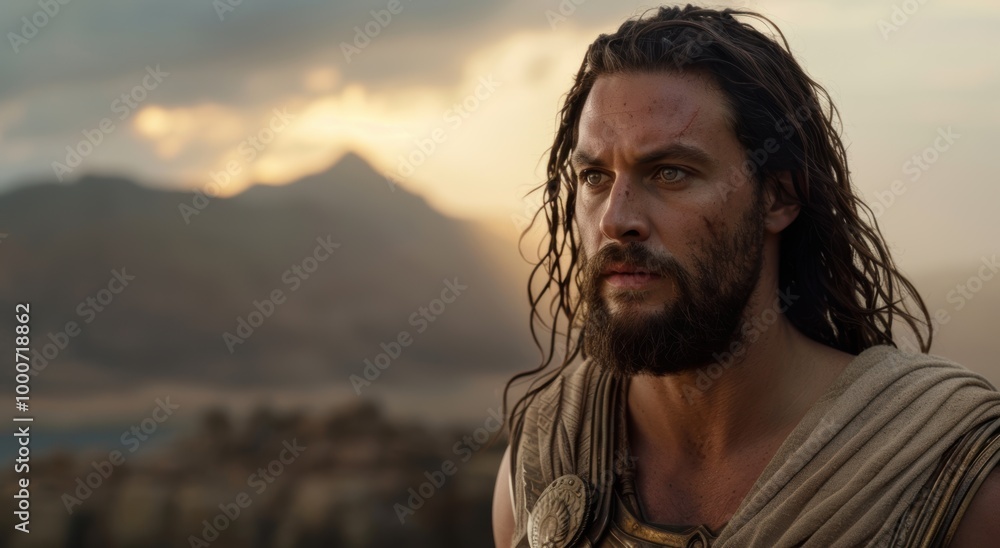 Rugged man with long hair and beard standing in front of mountain landscape at sunset Rugged man with long hair and beard standing in front of mountain landscape at sunset