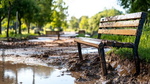 Wooden bench near a muddy puddle in a lush green park setting.