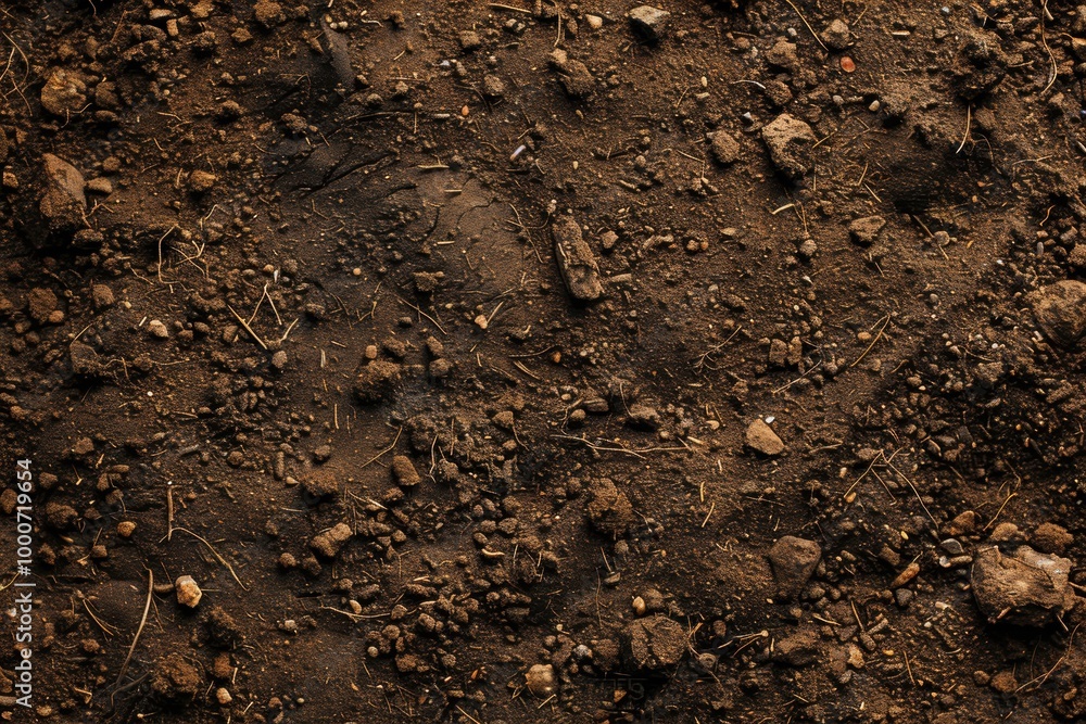 Detailed view of dark brown soil texture with stones and plant debris Detailed view of dark brown soil texture with stones and plant debris