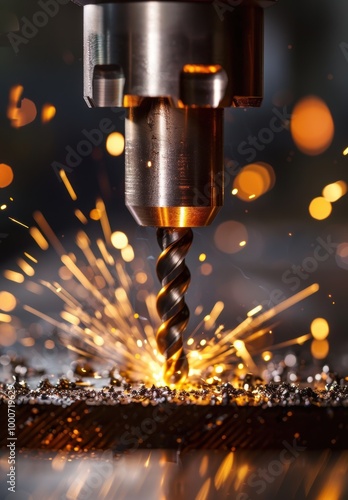Sparks fly from a metal drill bit cutting through a surface