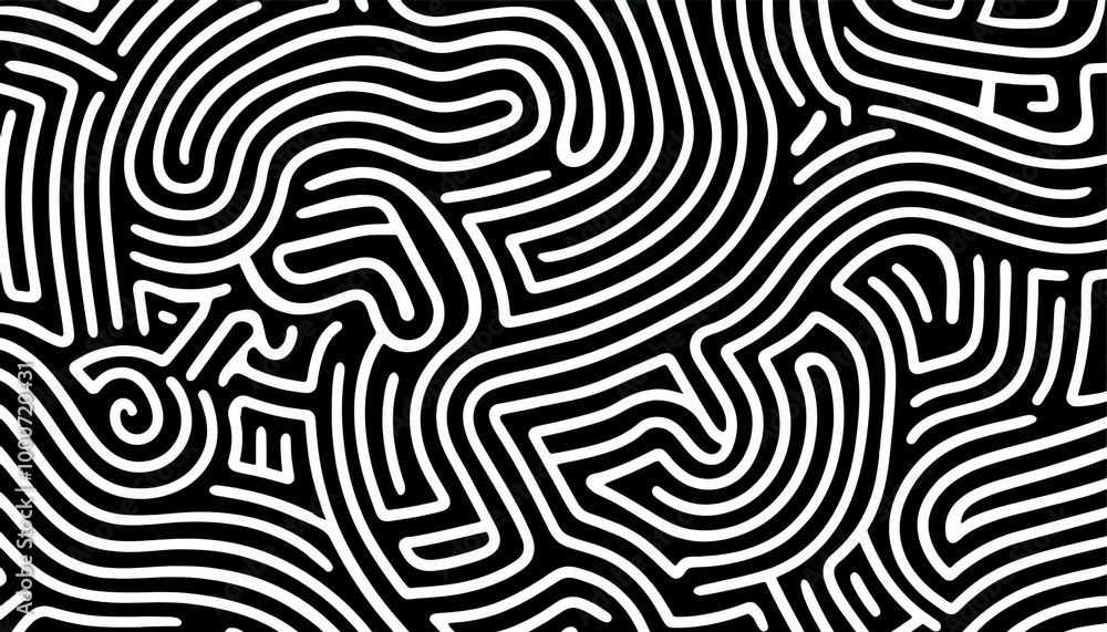 Obraz premium Abstract black and white wave squiggle doodle fingerprint style maze pattern background banner. Black and white abstract textured background. Fingerprint Pattern background 