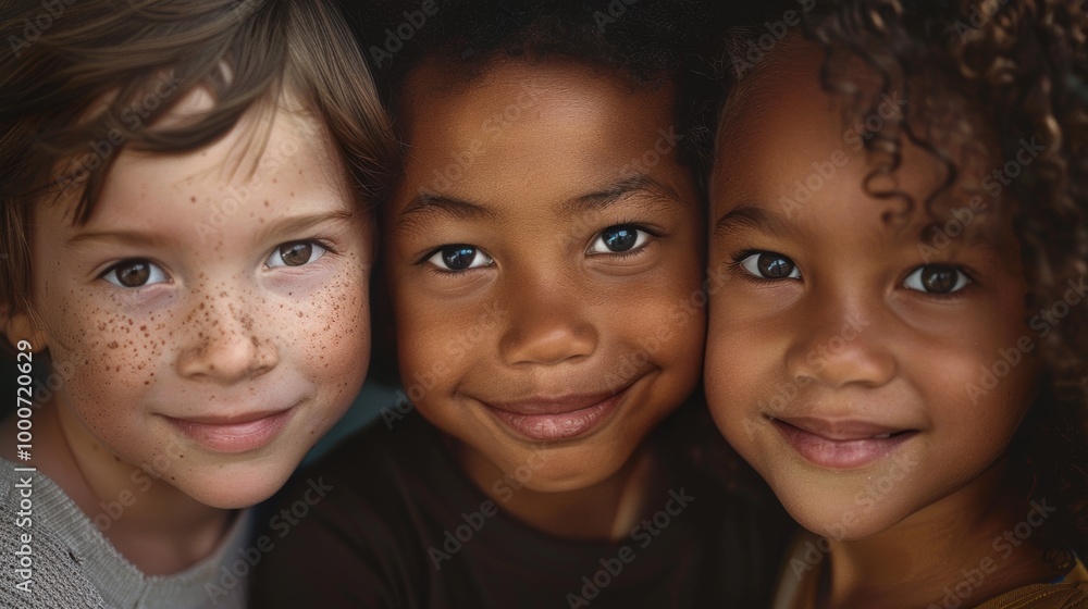 A close-up portrait of three children with different hair types, smiling warmly A close-up portrait of three children with different hair types, smiling warmly
