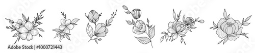 Vintage flower bouquet. Vector drawing. Peony, rose, leaves and