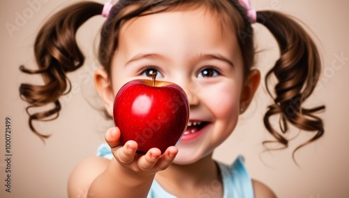 Little girl happily sharing her apple or she is happy since someone gave her apple