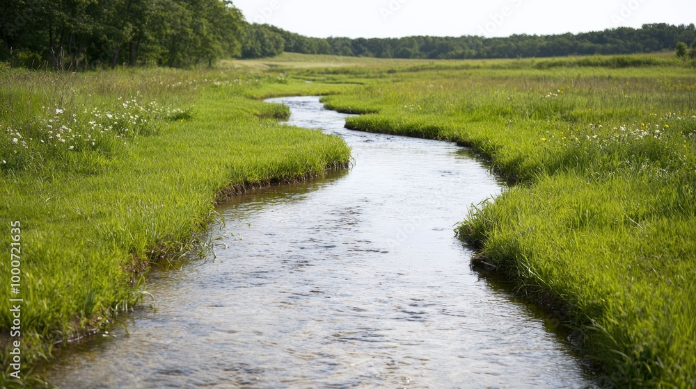 Peaceful nature landscape with winding stream Peaceful nature landscape with winding stream