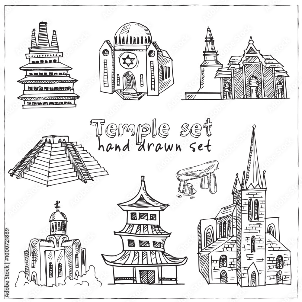 Fototapeta premium Temple hand drawn doodle set. Isolated elements on white background. Symbol collection.