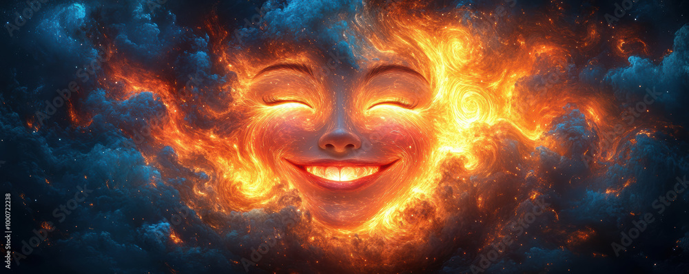 A smiling face made of swirling light, vibrant cosmic face with a joyful smile, surrounded by fiery clouds, illuminating the night sky with warmth and wonder. A smiling face made of swirling light, vibrant cosmic face with a joyful smile, surrounded by fiery clouds, illuminating the night sky with warmth and wonder.