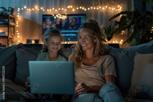 Mother and daughter enjoying a cozy evening together while watching a movie on a laptop in a warmly lit living room