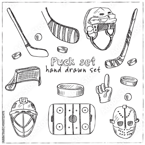 Puck hand drawn doodle set. Vector illustration. Isolated elements on white background. Symbol collection.
