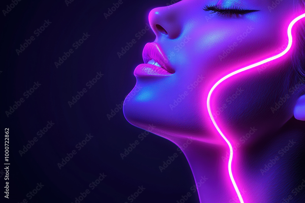 A face glowing with a vibrant smile, vibrant portrait of a woman's face illuminated by neon lights, showcasing modern beauty and artistic expression. A face glowing with a vibrant smile, vibrant portrait of a woman's face illuminated by neon lights, showcasing modern beauty and artistic expression.