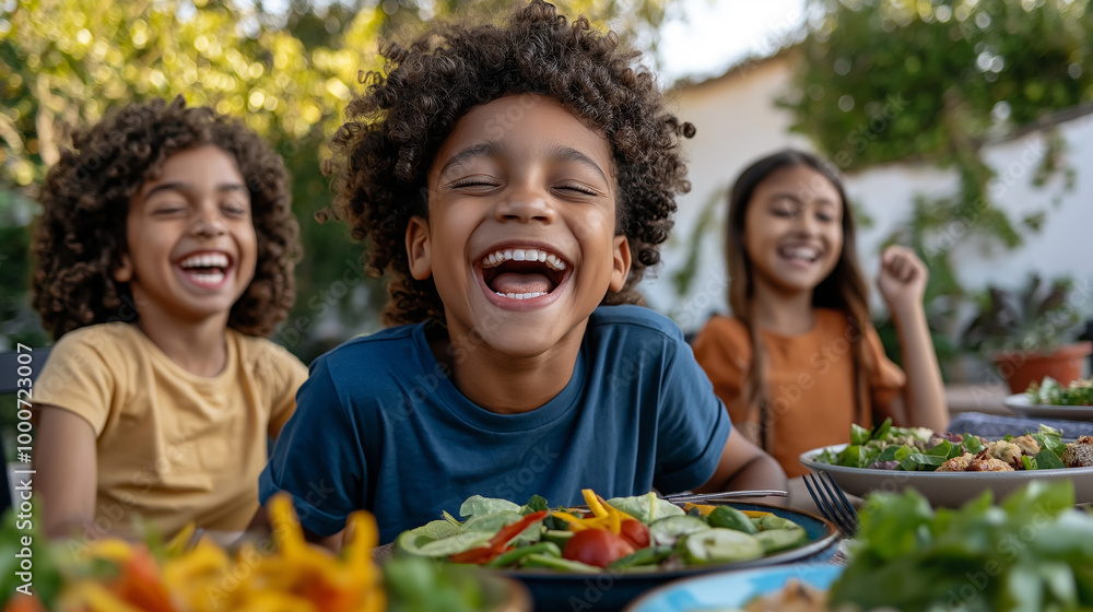 Happy Children Enjoying a Healthy Meal Outdoors