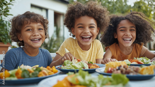 Happy Children Enjoying a Healthy Meal Outdoors