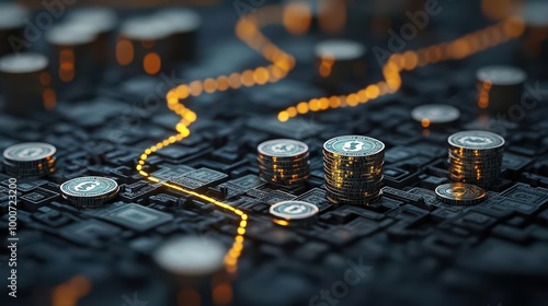 Coins on a circuit board, representing digital finance.