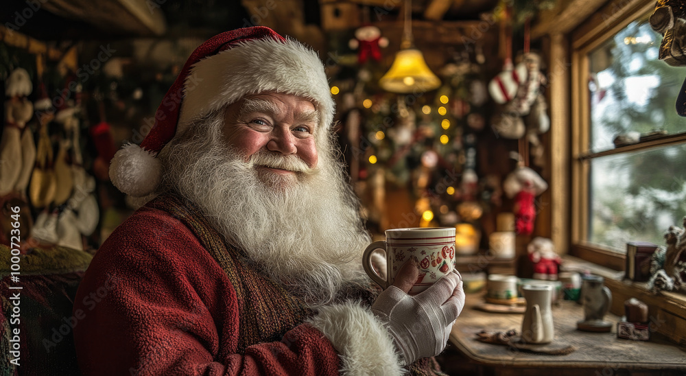 Santa Claus sitting at the table and holding in his hands a cup with hot coffee, with a smiling face. Santa Claus sitting at the table and holding in his hands a cup with hot coffee, with a smiling face.