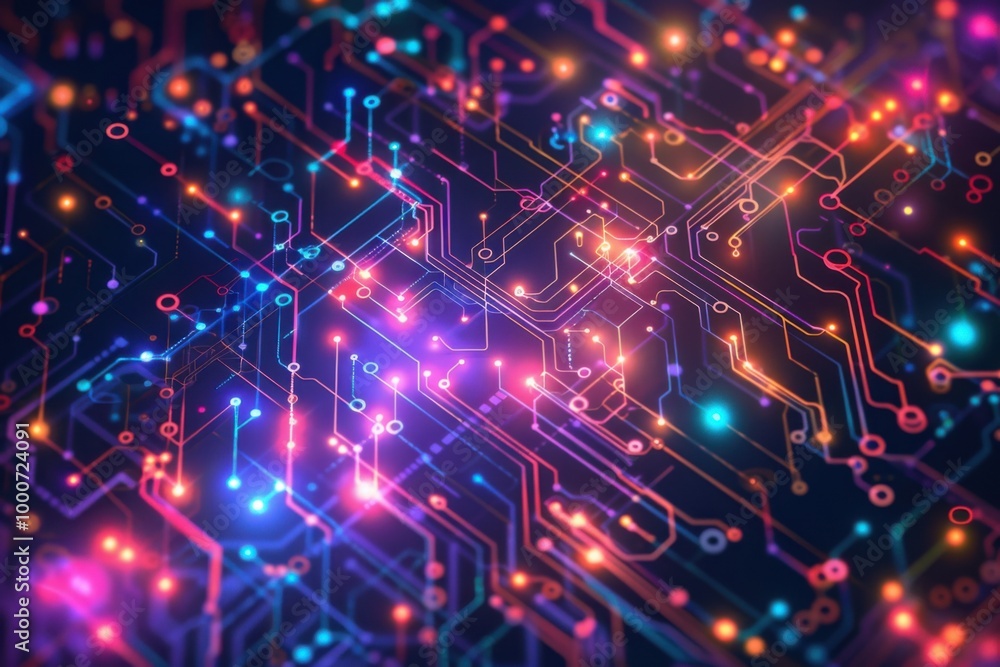 Futuristic Neon Circuit Board with Glowing Pink and Blue Lights, Digital and Cyberpunk Tech Design
Futuristic Neon Circuit Board with Glowing Pink and Blue Lights, Digital and Cyberpunk Tech Design