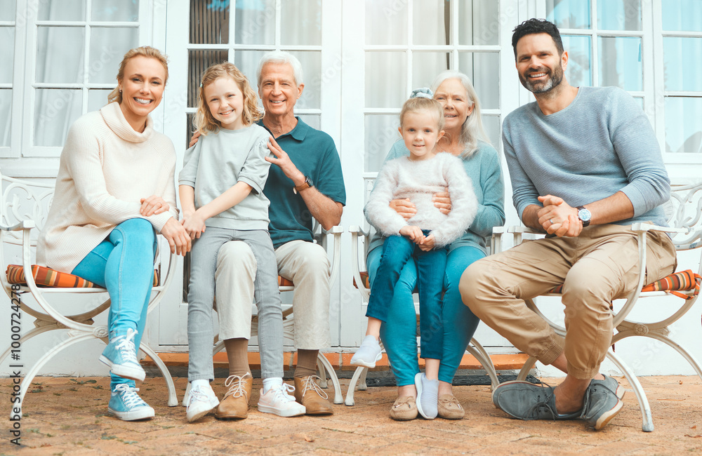 Big family, portrait and grandparents with children on porch to relax together for love, care or support. Smile, happy and proud mom with dad, kids or senior people for bonding in backyard of home Big family, portrait and grandparents with children on porch to relax together for love, care or support. Smile, happy and proud mom with dad, kids or senior people for bonding in backyard of home