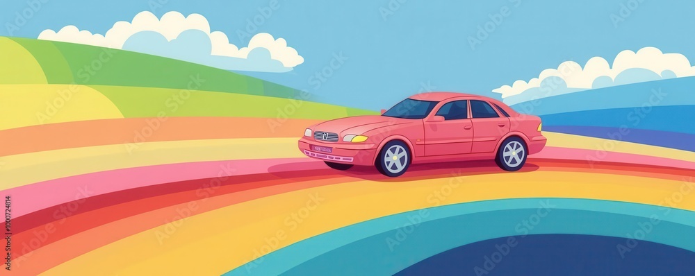 Colorful car driving on vibrant rainbow road. Colorful car driving on vibrant rainbow road.