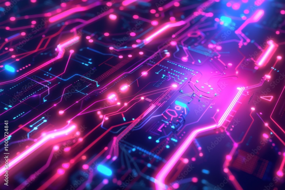 Futuristic Neon Circuit Board with Glowing Pink and Blue Lights, Digital and Cyberpunk Tech Design
Futuristic Neon Circuit Board with Glowing Pink and Blue Lights, Digital and Cyberpunk Tech Design