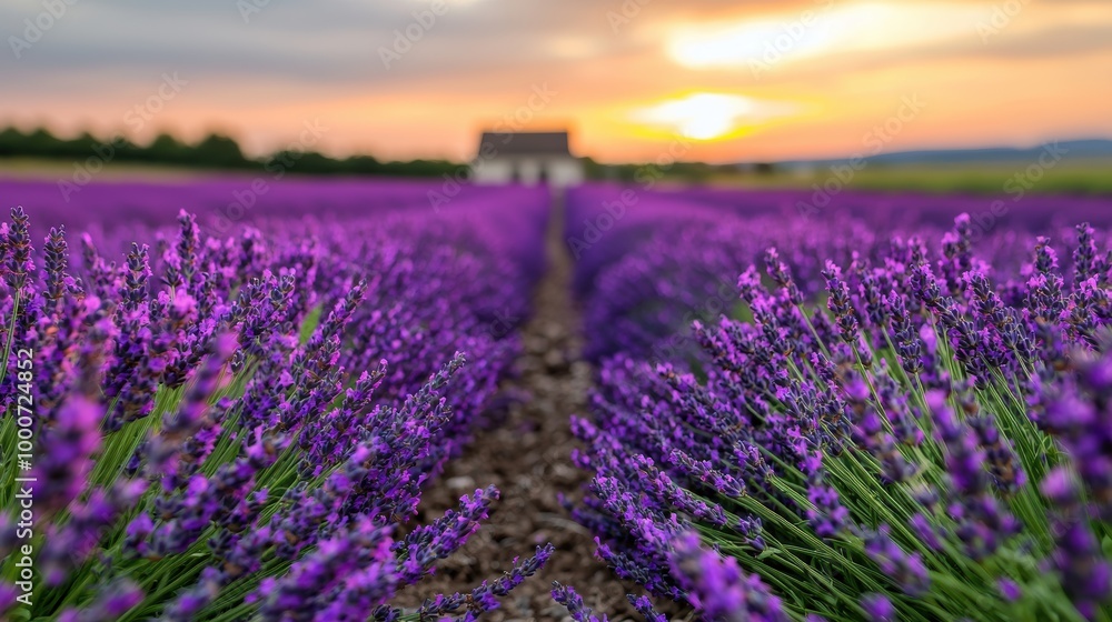 Naklejka premium Vibrant lavender field at sunset