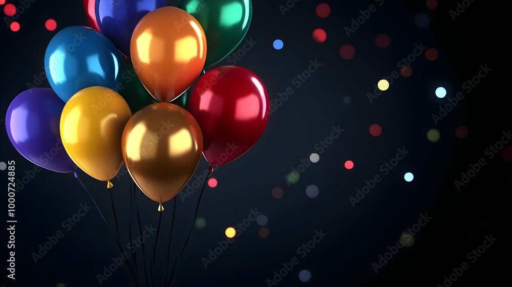 A cheerful backdrop of colorful balloons alongside a birthday cake topped with candles, perfect for a joyful birthday celebration. A cheerful backdrop of colorful balloons alongside a birthday cake topped with candles, perfect for a joyful birthday celebration.