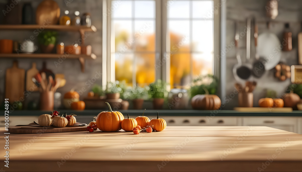 Wood table with copy space in autumn kitchen with pumpkin decorations Wood table with copy space in autumn kitchen with pumpkin decorations