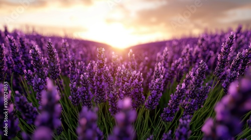 Vibrant lavender field at sunset