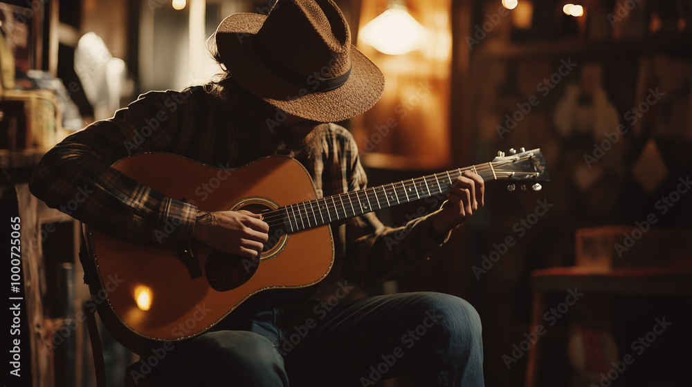 Obraz premium A musician wearing a hat plays an acoustic guitar in a cozy room with warm lighting, creating an old country or American folk atmosphere