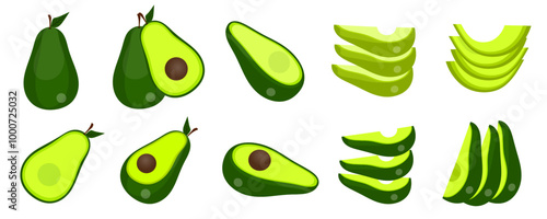 Fresh avocado collection. Vector illustration set. Different type of avocados isolated on white background. Whole fruit, half, slice flat. Healthy nutrition fruit. 