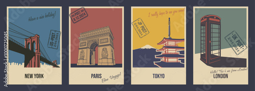 Most Famous Landmarks and Attractions. Brooklyn Bridge in New York, Triumphal Arch in Paris, Pagoda and Mount Fuji in Tokyo, Red Telephone Booth in London