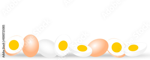 Boil eggs with half eggs isolated on white banner background. Vector illustration. Protein eggs nutrition. eggs template design. Healthy food.
