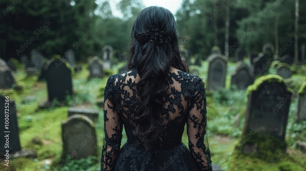 woman in black lace dress standing in forest cemetery woman in black lace dress standing in forest cemetery