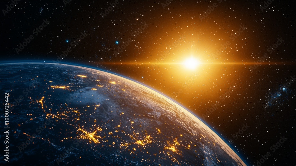 Obraz premium Breathtaking Earth sunrise from space, highlighting city lights and a dramatic sun silhouette.