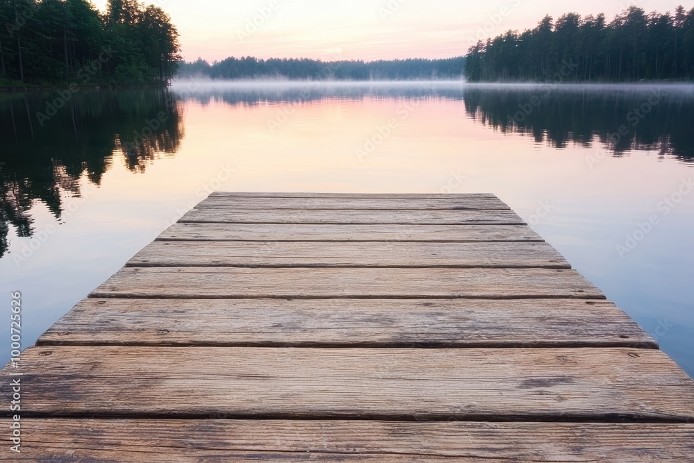 Serene lake with wooden dock at sunset Serene lake with wooden dock at sunset