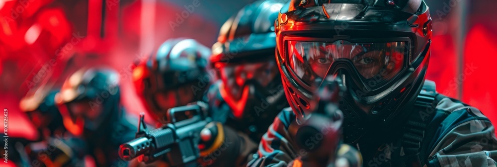 Fototapeta premium A group of teenagers playing paintball with protective gear