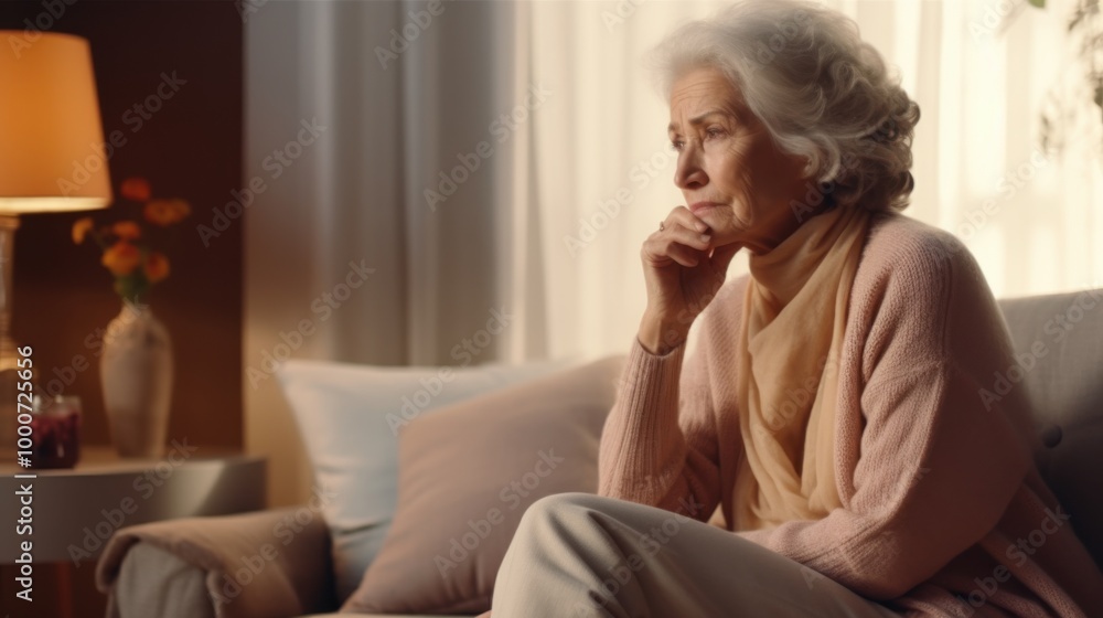 An elderly woman with white hair sits pensively on a couch in a warmly lit room, the soft ambiance reflecting her contemplative mood. An elderly woman with white hair sits pensively on a couch in a warmly lit room, the soft ambiance reflecting her contemplative mood.