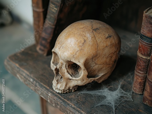 Antique skull and old books on wooden shelf