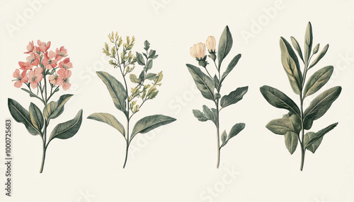 Hand-drawn vintage illustrations of different plant species, paired with soft, muted colors for a calming and artistic vibe