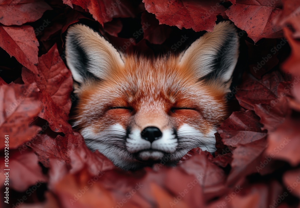 Naklejka premium Peaceful fox sleeping in autumn leaves